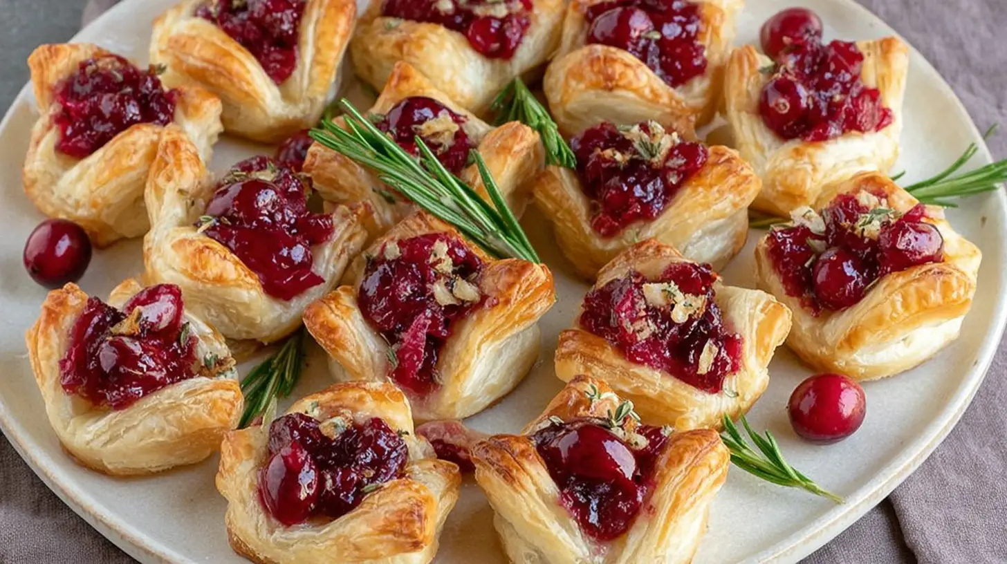A platter of golden cranberry brie bites ready to serve.