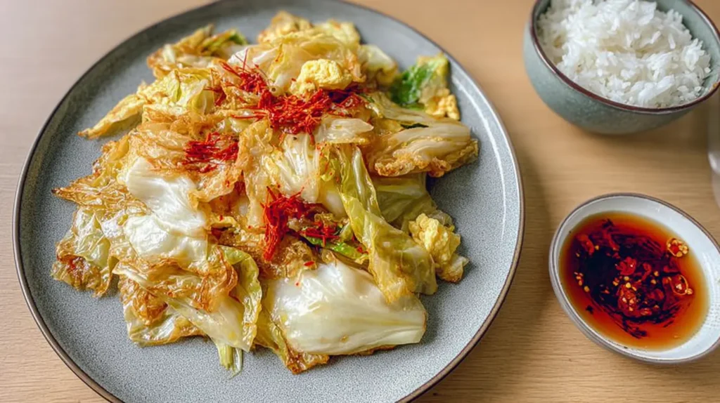 Close-up of a steaming chinese cabbage egg stir fry in a serving dish