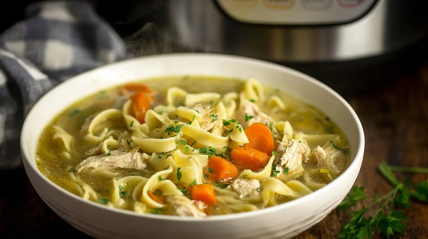 Close-up of hearty slow cooker chicken noodle soup with tender chicken and vegetables