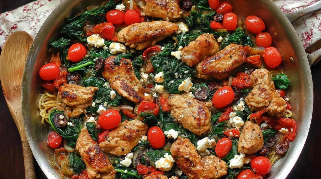 Delicious chicken stir fry with fresh Mediterranean vegetables.