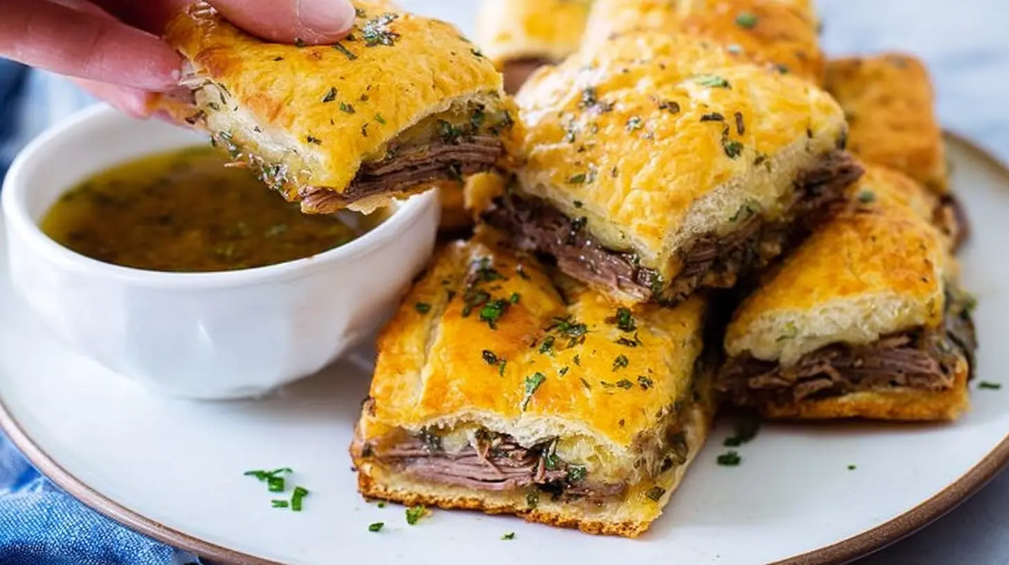Golden-brown French Dip Squares, ready to serve as an appetizer.