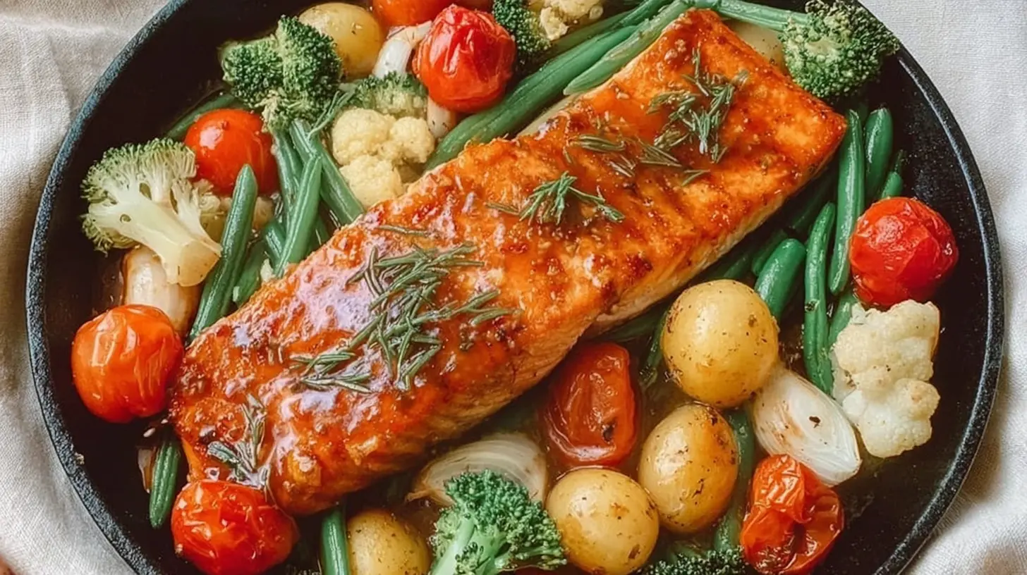 Delicious maple glazed salmon and mixed veggies cooked on a single pan.