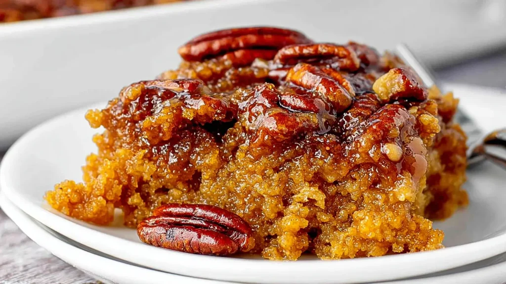 A freshly baked pecan pie dump cake in a baking dish, highlighting its crisp topping and rich texture.