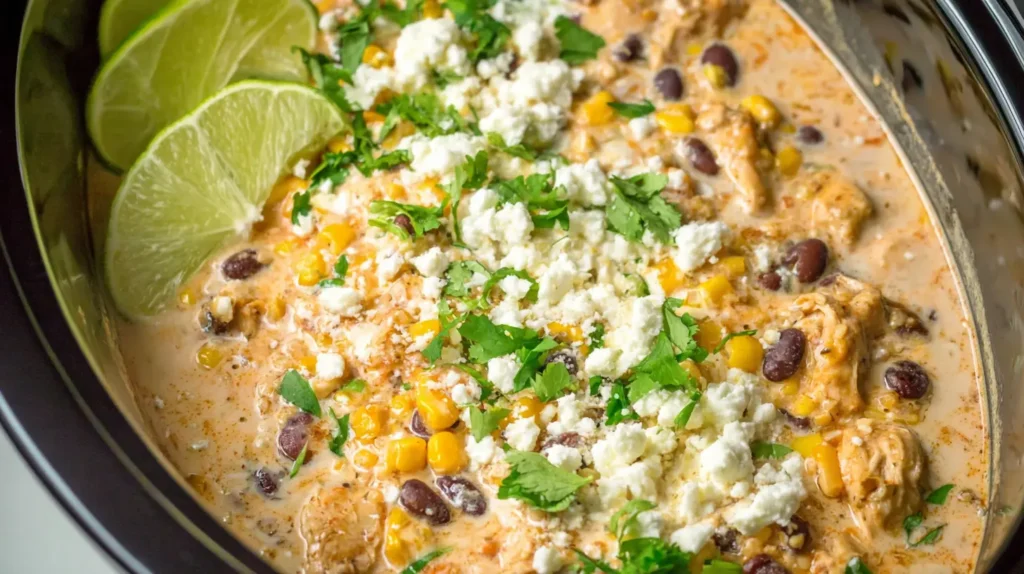 Creamy slow cooker street corn chicken in a serving dish
