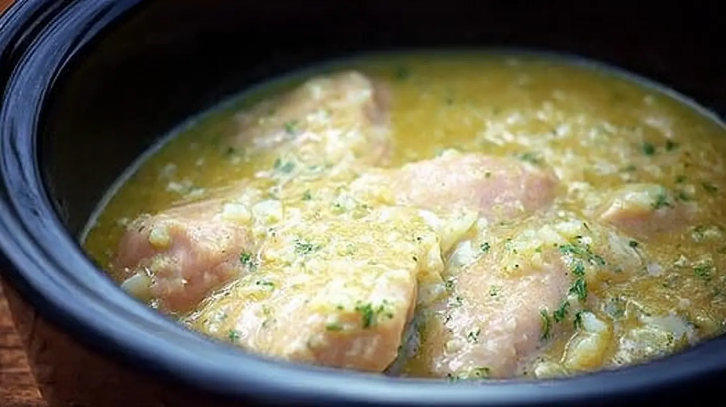 Close-up of tender chicken dumplings cooked in a slow cooker with hearty sauce.