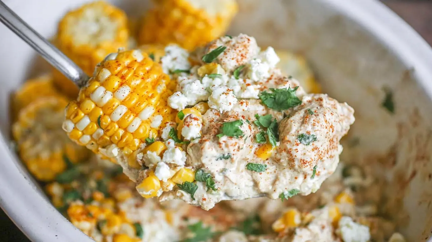 Tender slow cooker chicken mixed with vibrant street corn components in a ceramic pot.