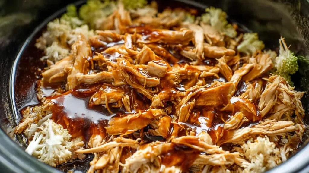 Cooked Dump and Go Crockpot Teriyaki Chicken in a ceramic pot.