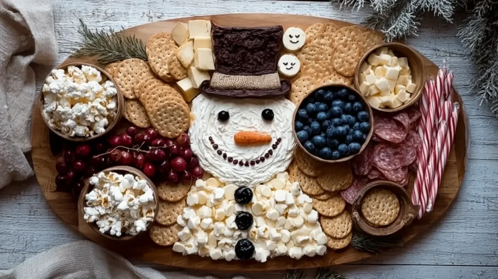 Festive charcuterie display in the form of a snowman, featuring an assortment of snacks.