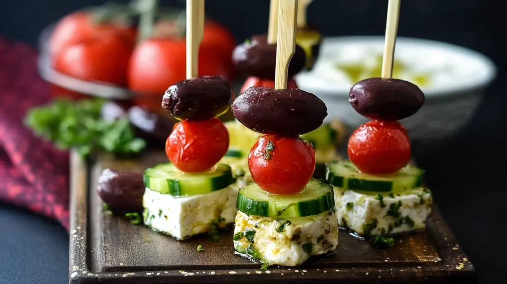 Appetizing feta and cucumber skewers arranged on a platter.