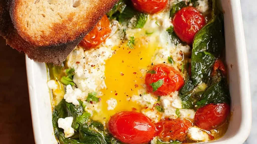 A baking dish filled with baked feta eggs, juicy tomatoes, and leafy spinach.