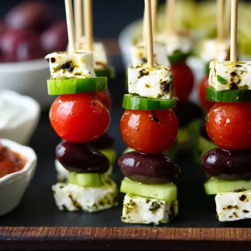 Close-up of fresh feta skewers with cucumber and olives.