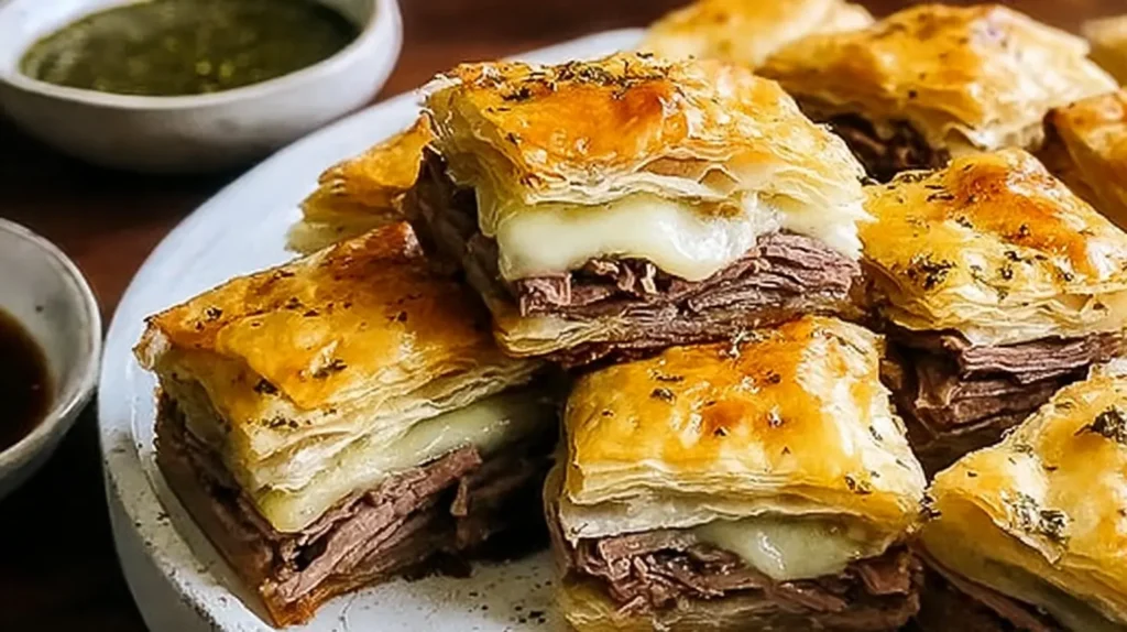 Perfectly portioned French Dip Squares with melted cheese and savory meat