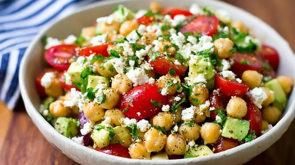 Colorful Chickpea Feta Avocado Salad with fresh herbs