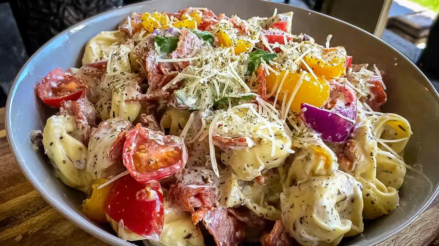 Delicious Grinder Tortellini Salad in a large bowl ready to serve.