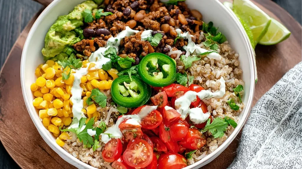 Delicious taco rice bowl featuring seasoned ground meat and colorful toppings