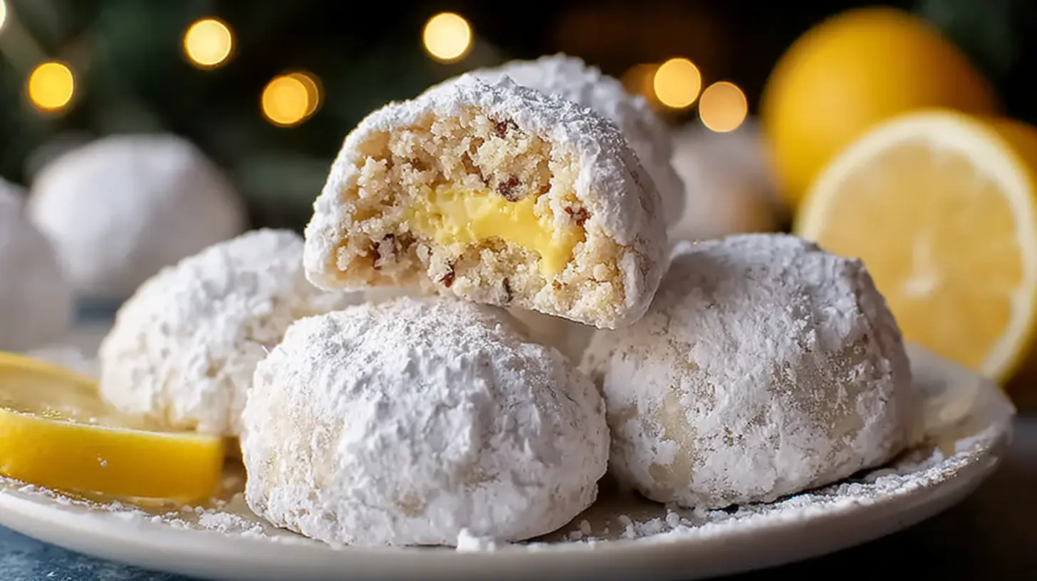 Freshly baked Lemon Cream Snowball Cookies on a serving platter