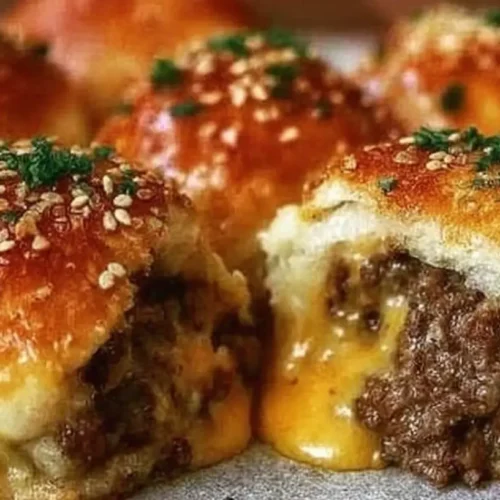 A close-up image of baked Garlic Parmesan Cheeseburger Bombs, glistening with cheese and herbs.