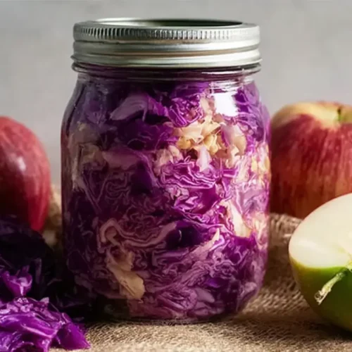 A close-up of gingery apple cabbage sauerkraut