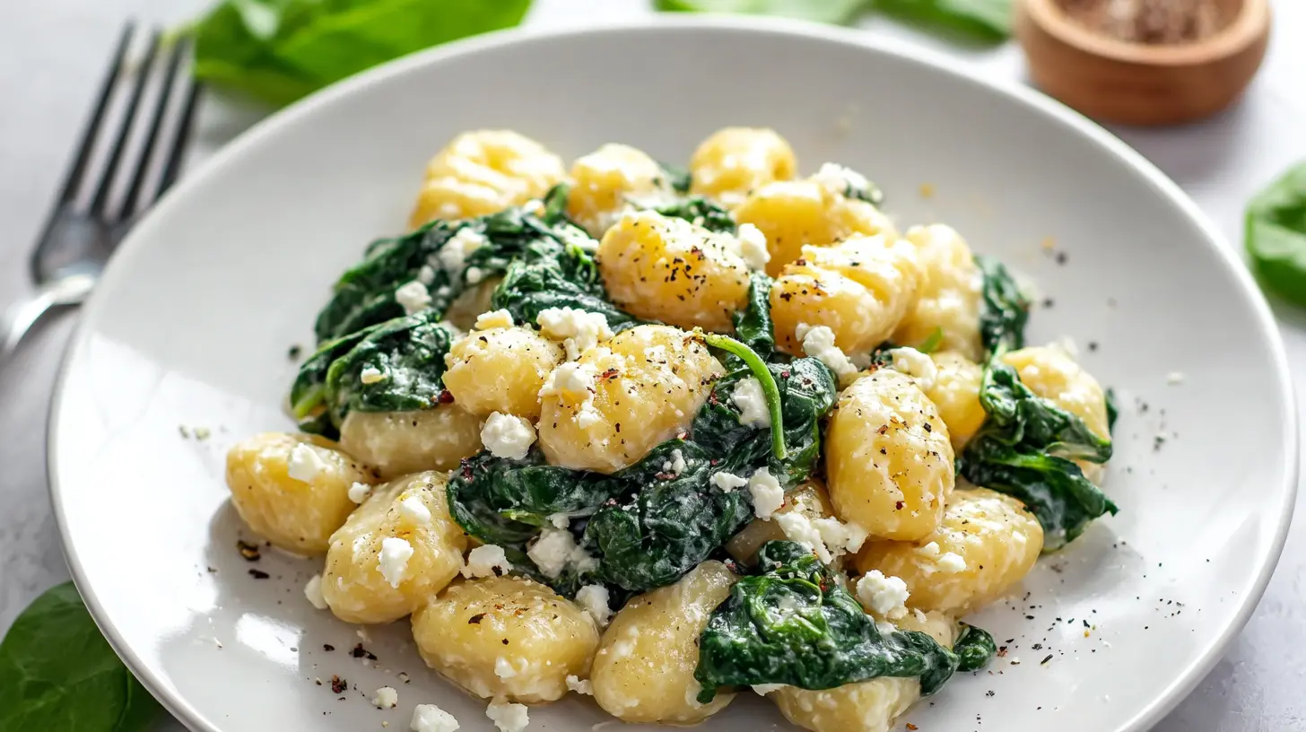 Delicious creamy gnocchi featuring vibrant spinach and crumbled feta