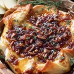 Golden-crusted baked brie with a generous dollop of fig jam