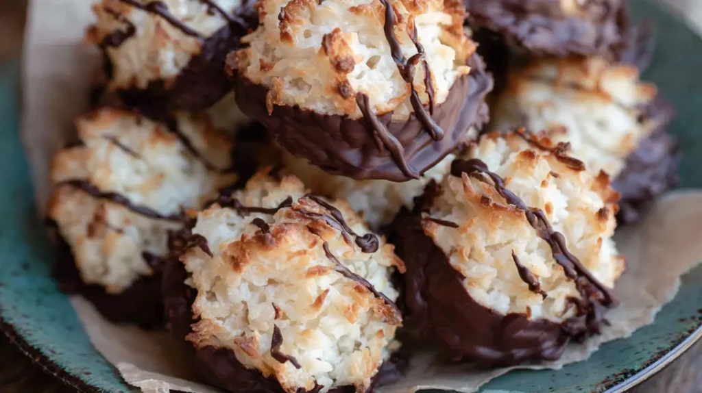 Golden brown coconut macaroons arranged on a minimalist tray