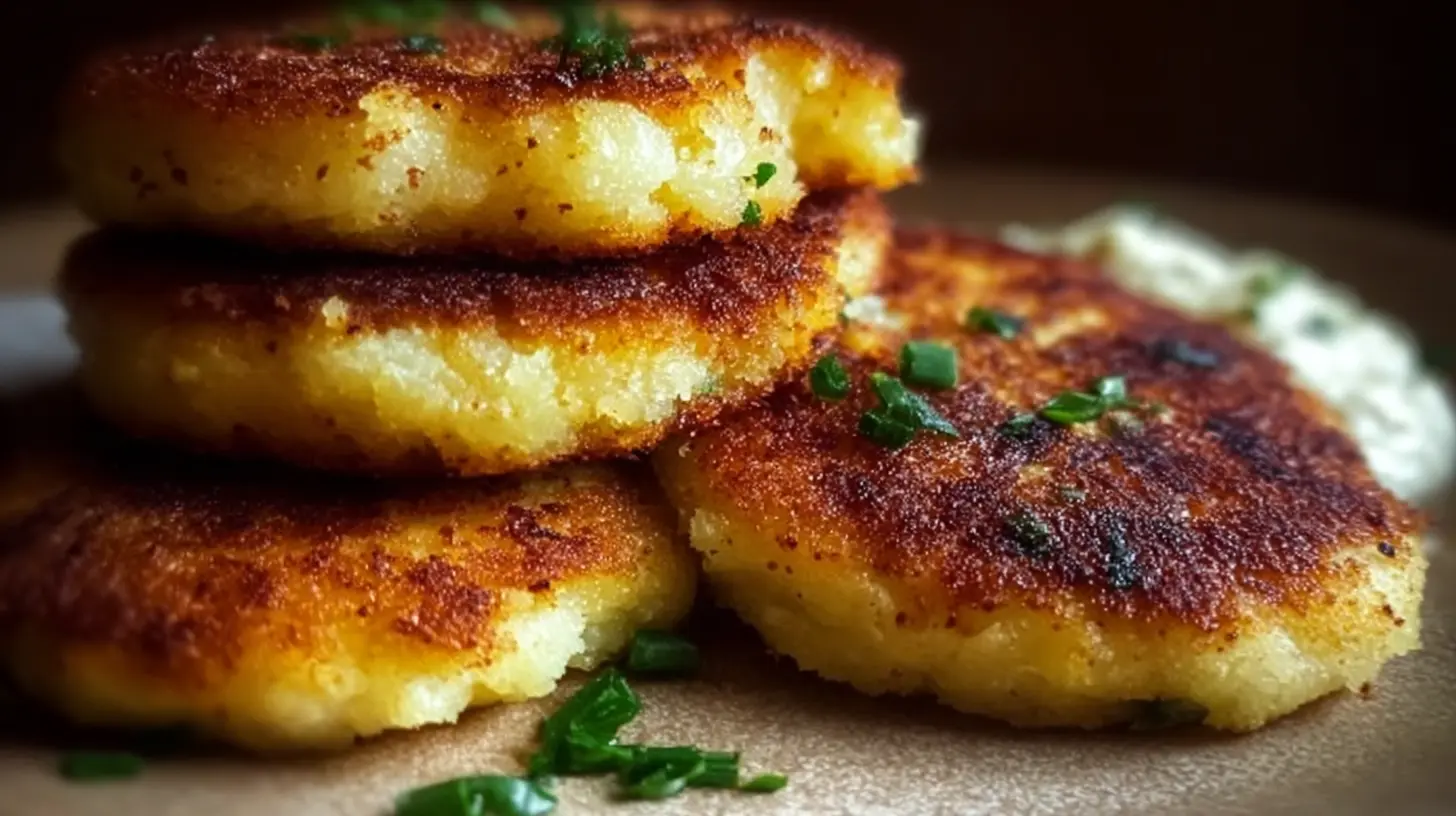 Golden brown mashed potato cakes with chives.