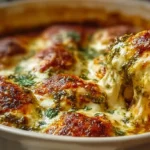 Golden brown Cheesy Mozzarella Chicken Casserole, fresh from the oven.