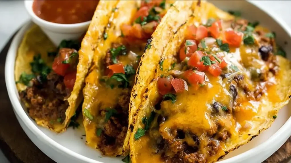 A close-up of golden brown oven-baked cheesy tacos with melted cheese oozing out.