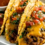 A close-up of golden brown oven-baked cheesy tacos with melted cheese oozing out.
