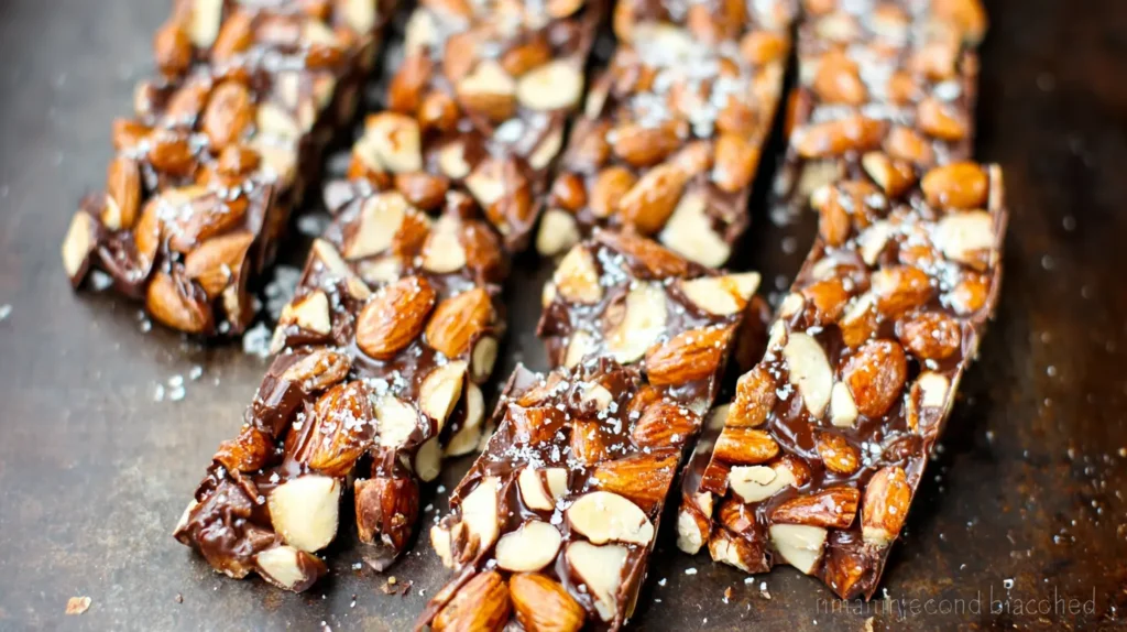 Several dark chocolate and sea salt nut bars arranged on a platter, ready for serving.