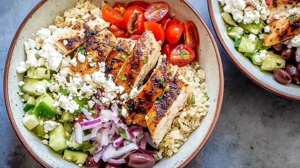 Healthy Greek chicken bowl featuring grilled chicken and colorful ingredients