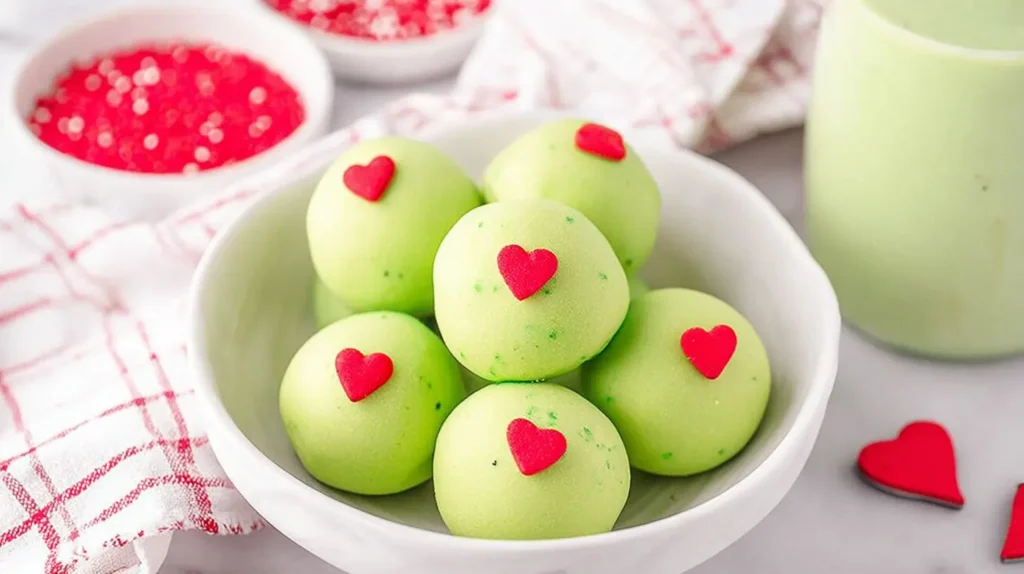 Grinch Oreo truffles with red hearts on a platter