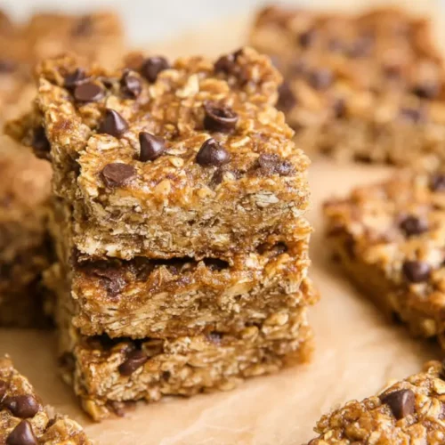 A close-up of a stack of healthy banana oatmeal bars ready to eat