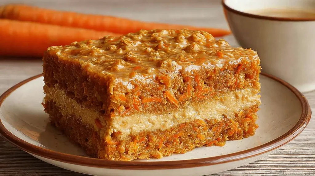 Closeup of a healthy flourless oatmeal carrot bar, rich in texture.