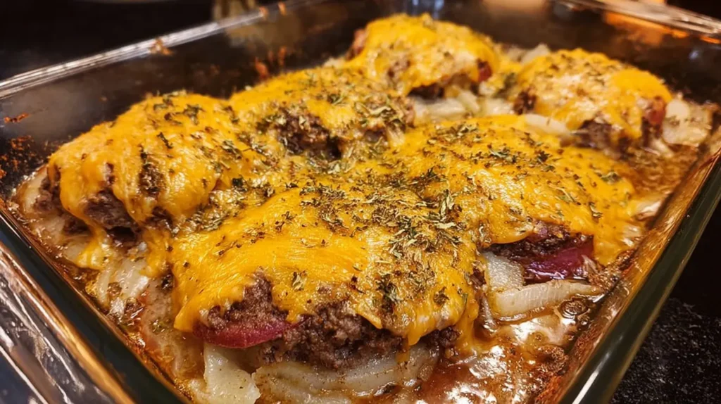 Hearty Amish hamburger steak casserole with potatoes
