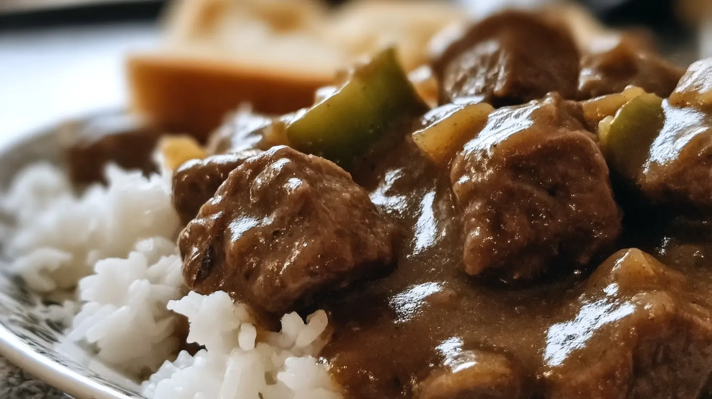 Close-up of tender Pioneer Woman Beef Tips covered in rich, brown gravy.