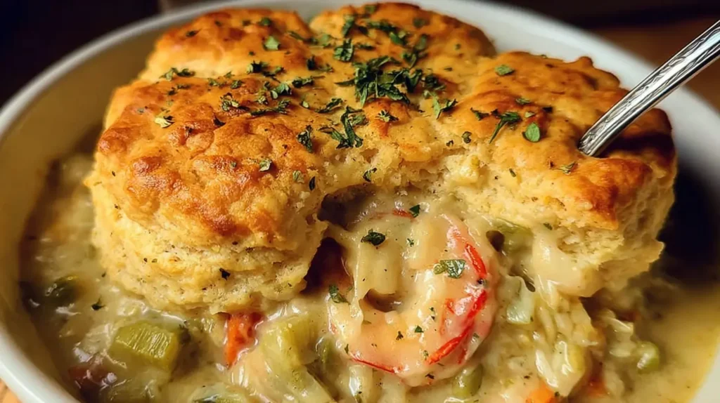 Close-up of a golden-brown Cheddar Bay Biscuit crust over a seafood pot pie