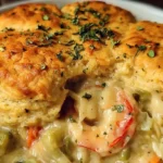 Close-up of a golden-brown Cheddar Bay Biscuit crust over a seafood pot pie