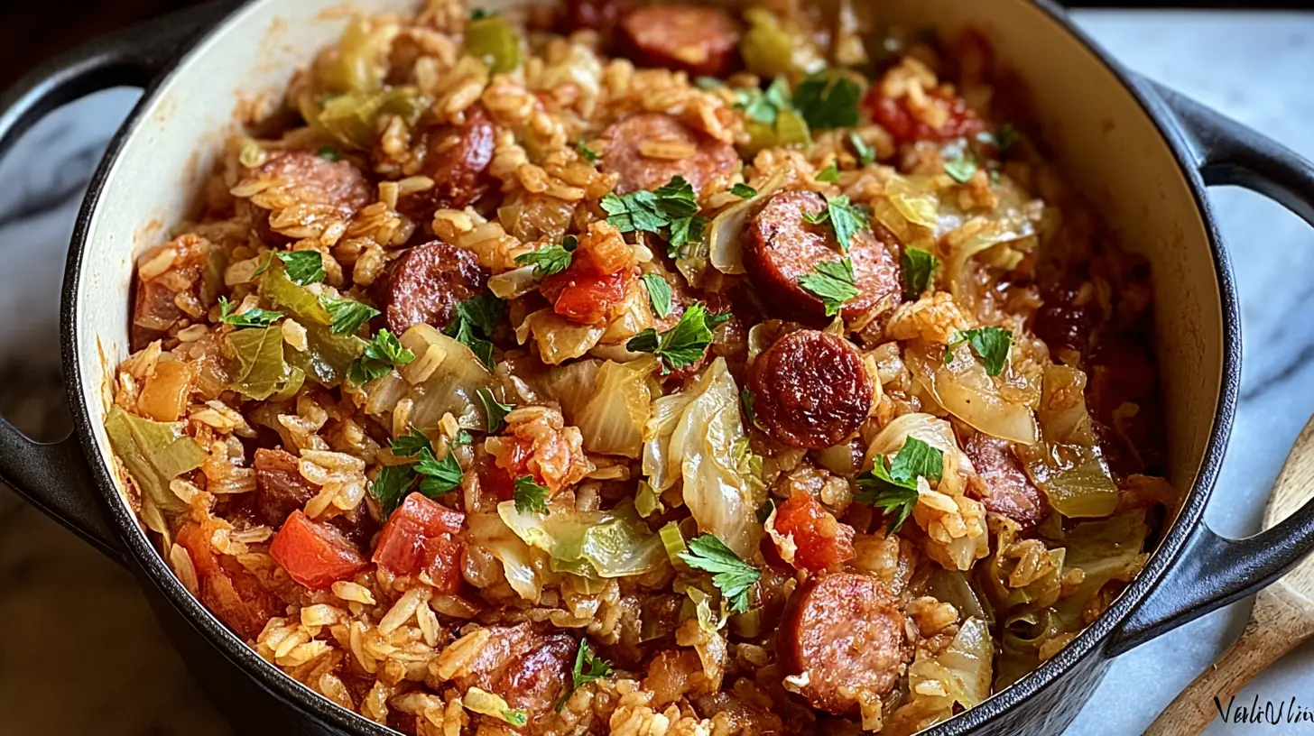 Close-up of a cajun cabbage jambalaya bowl with fresh herbs