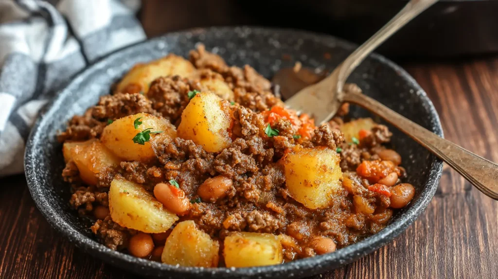 A close-up view of a hearty hobo casserole with bubbling cheese.
