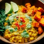 Close-up of a hearty vegan curried lentil bowl, rich in color and texture.