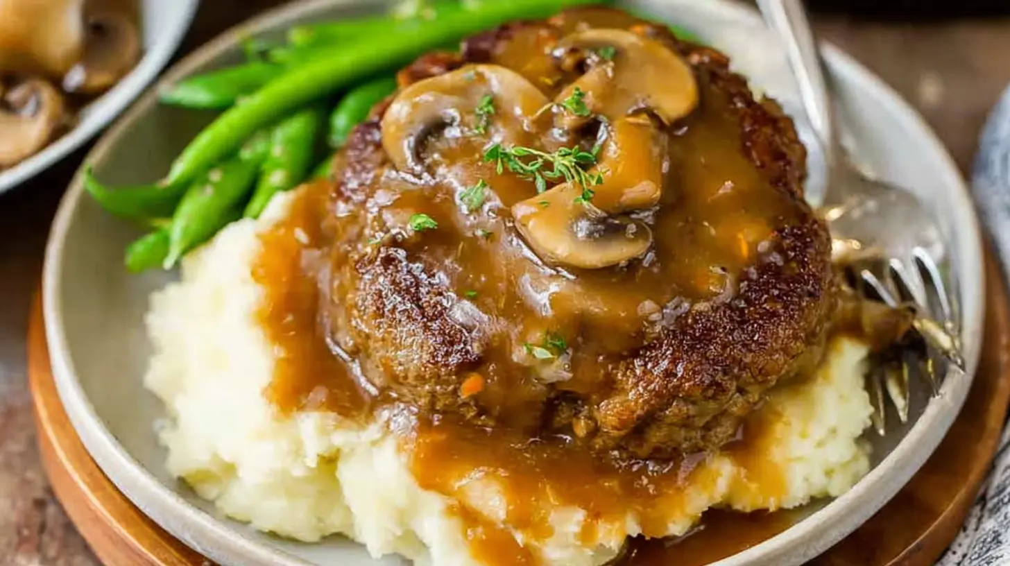 Close-up of Salisbury steak smothered in rich brown gravy.
