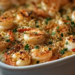 Close-up of a creamy shrimp casserole with herbs