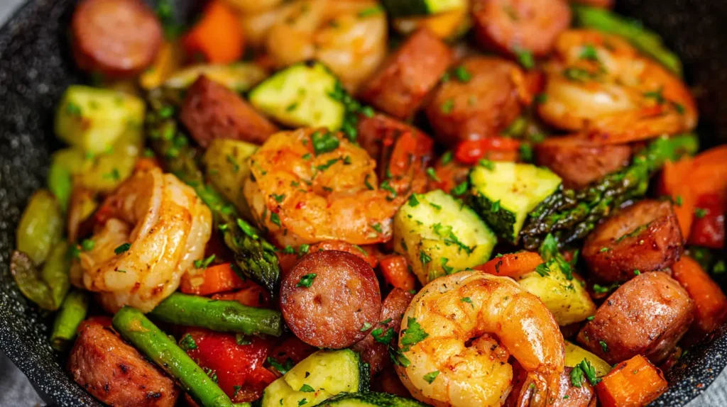 Close-up of a sizzling shrimp and sausage veggie skillet, ready to serve.