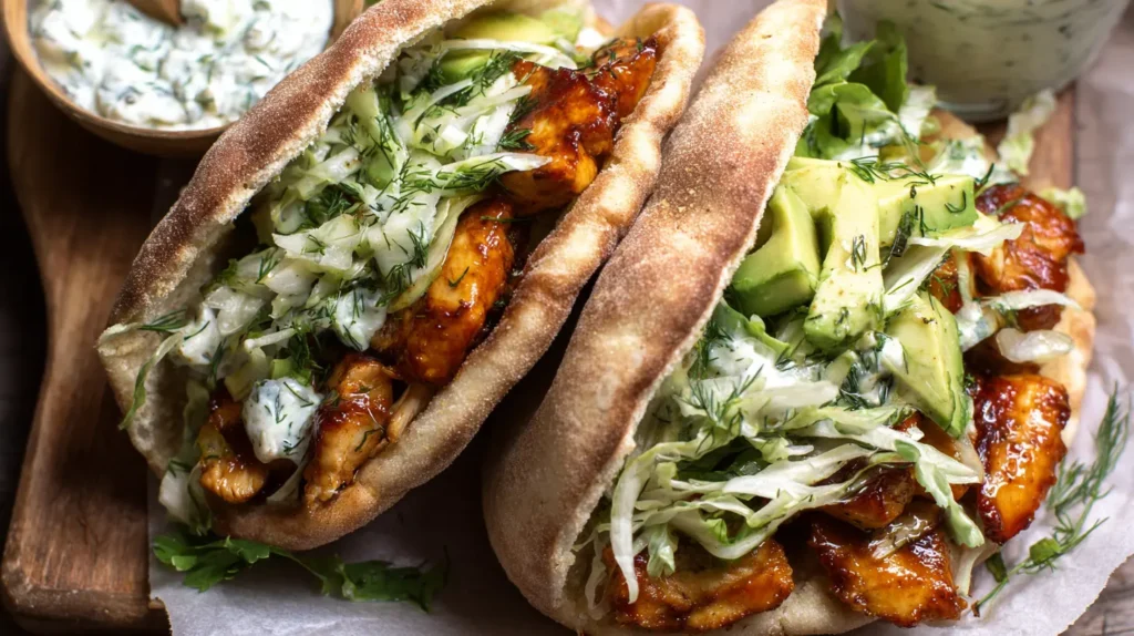 Baked sheet pan chicken and vegetables served with pita and herby ranch