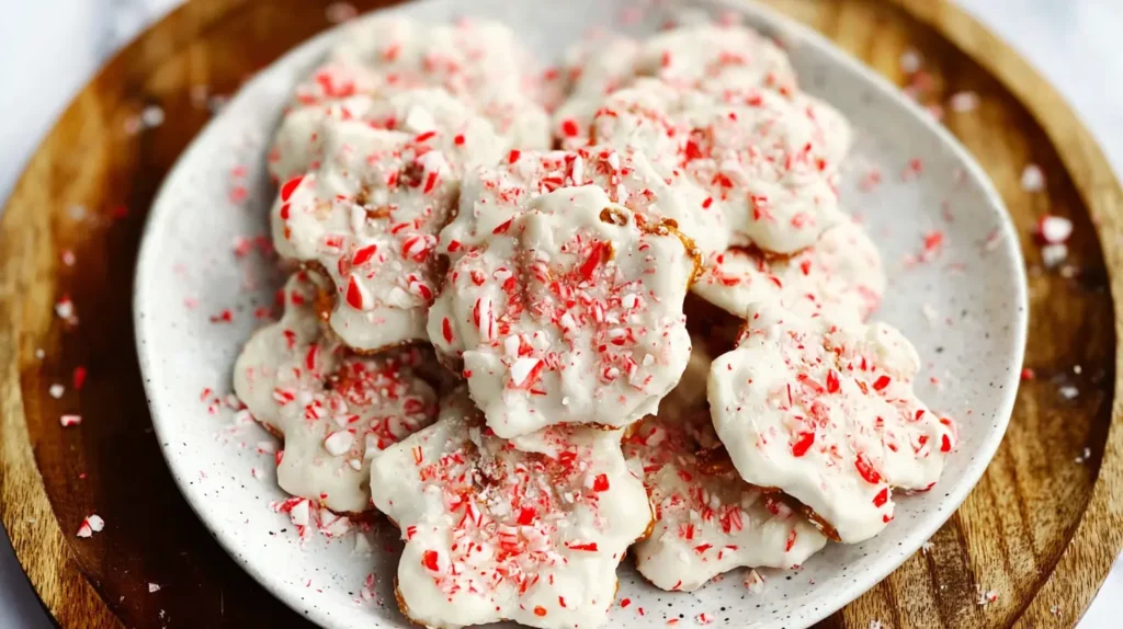 Numerous white chocolate peppermint pretzel crisps arranged artfully