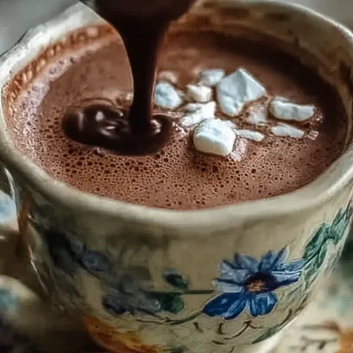 A steaming mug of homemade French hot chocolate adorned with whipped cream