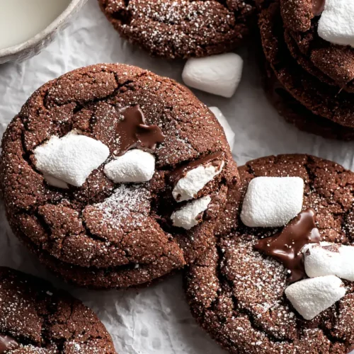 A plate of freshly baked hot chocolate cookies with marshmallows