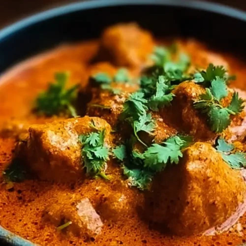 A rich and creamy Indian Butter Chicken dish in a bowl, garnished with cilantro.