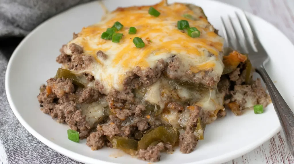 Delicious keto Philly cheesesteak casserole in a baking dish